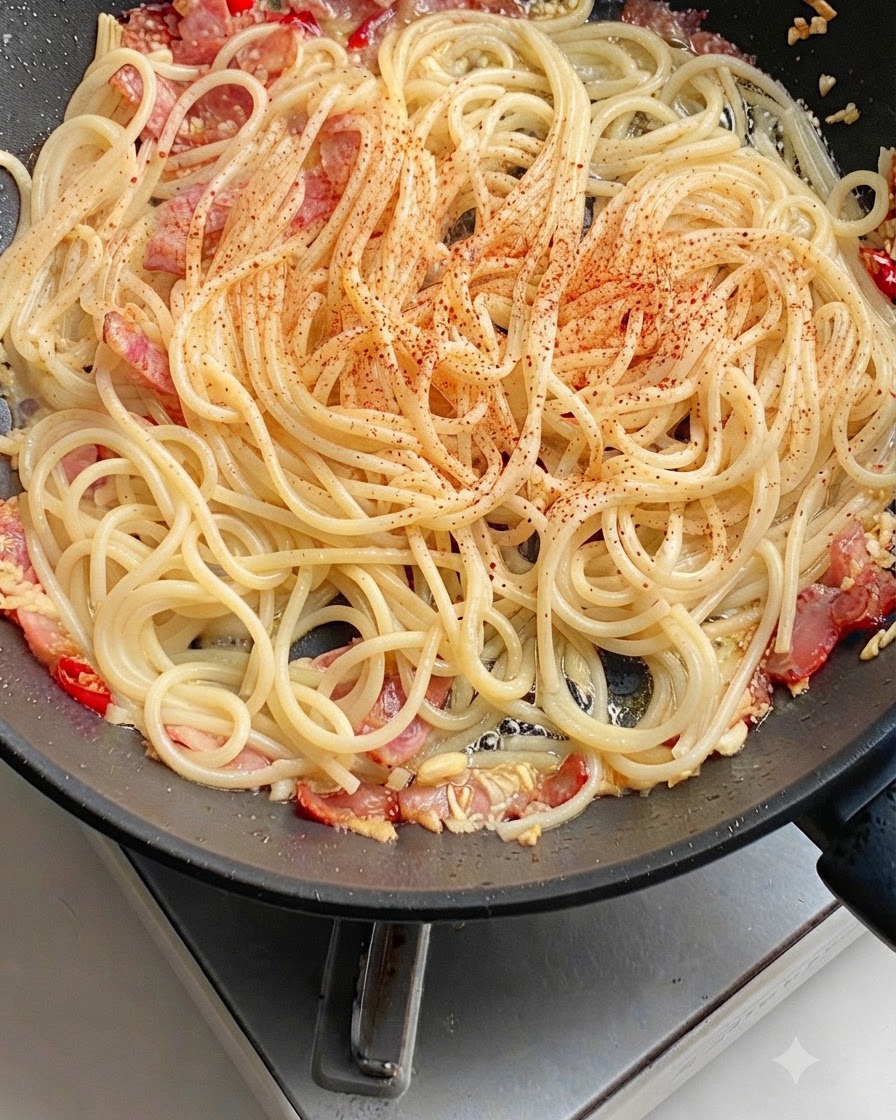 Un filo di salsa di ostriche scura versata sui noodles di pasta nella padella.