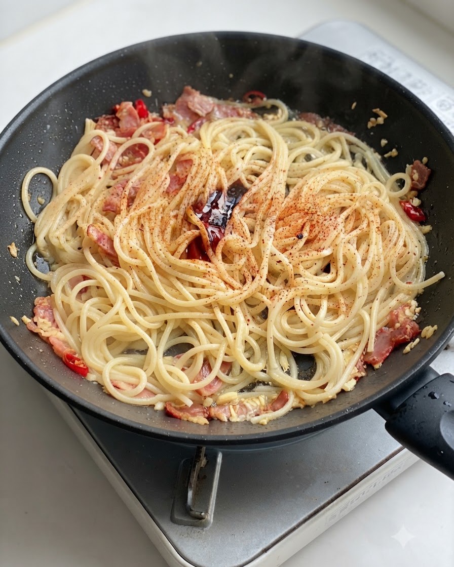 Pepe nero fresco macinato sopra gli spaghetti conditi nella padella.