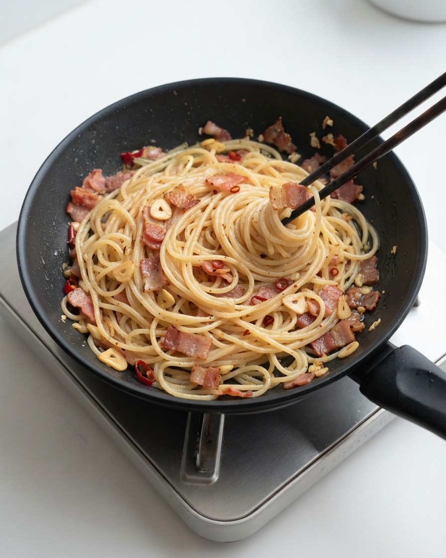 Spaghetti mantecati con le bacchette in una padella con salsa di pancetta e aglio.