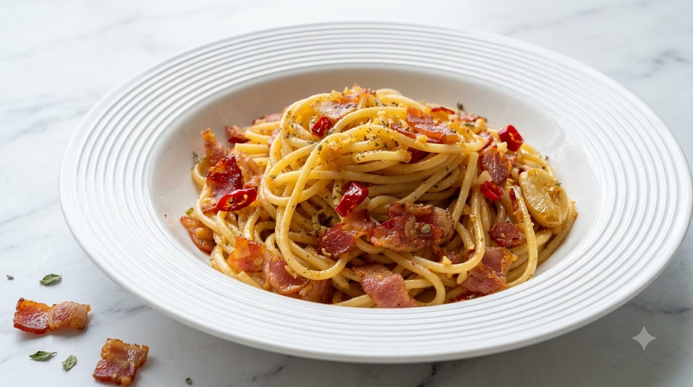 Pasta con Burro, Aglio, Pancetta, Peperoncino e Salsa di Ostriche