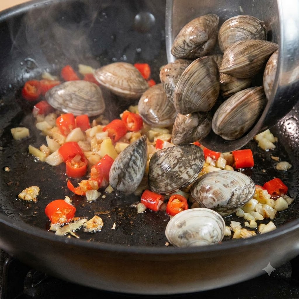 Vongole versate da un contenitore di metallo in una padella con aglio soffritto e peperoncini rossi.