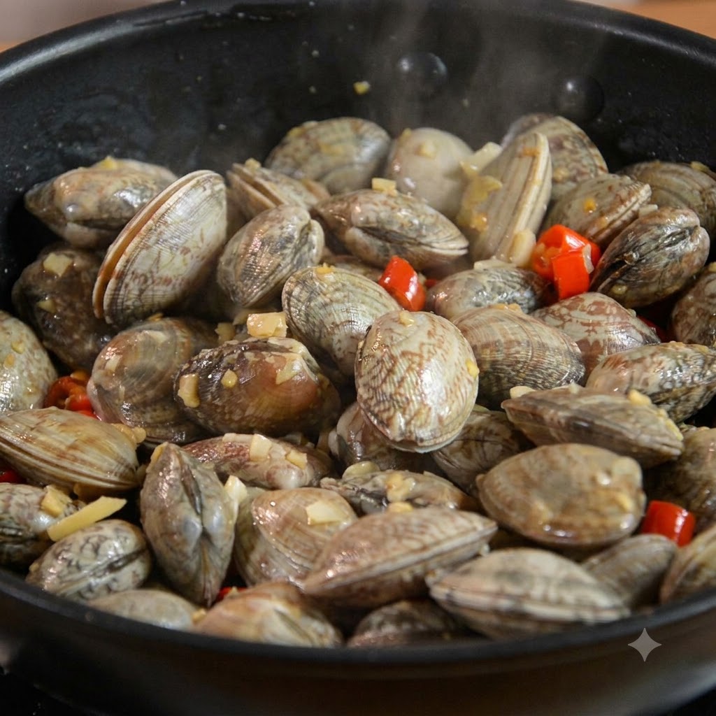 Vongole mescolate con aglio e peperoncino allinterno di una padella nera.