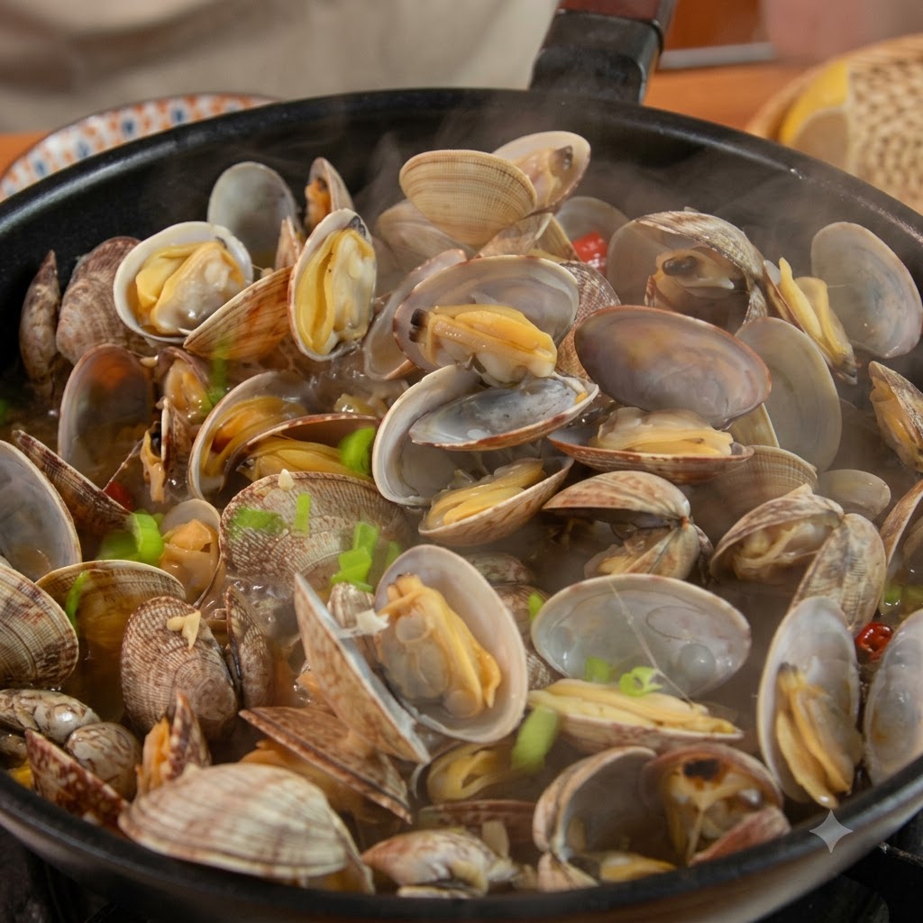 Vongole cotte aperte in una padella guarnite con cipollotti freschi tritati.