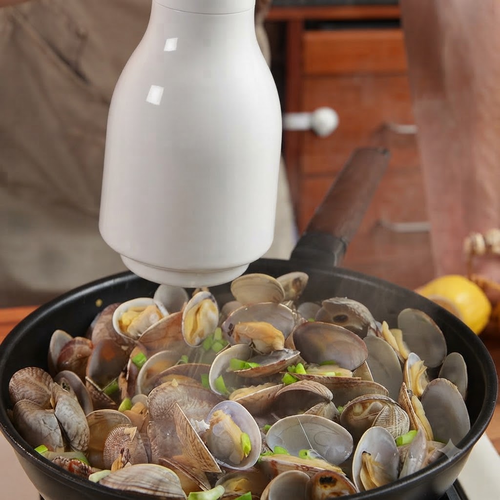 Un macinapepe elettrico che condisce una padella di vongole cotte con pepe nero appena macinato.