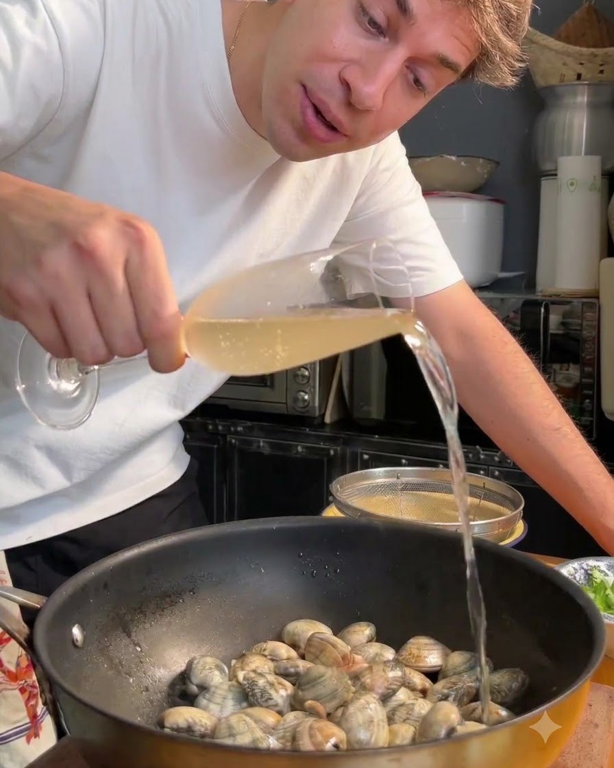 Vino bianco versato da un bicchiere in una padella di vongole.