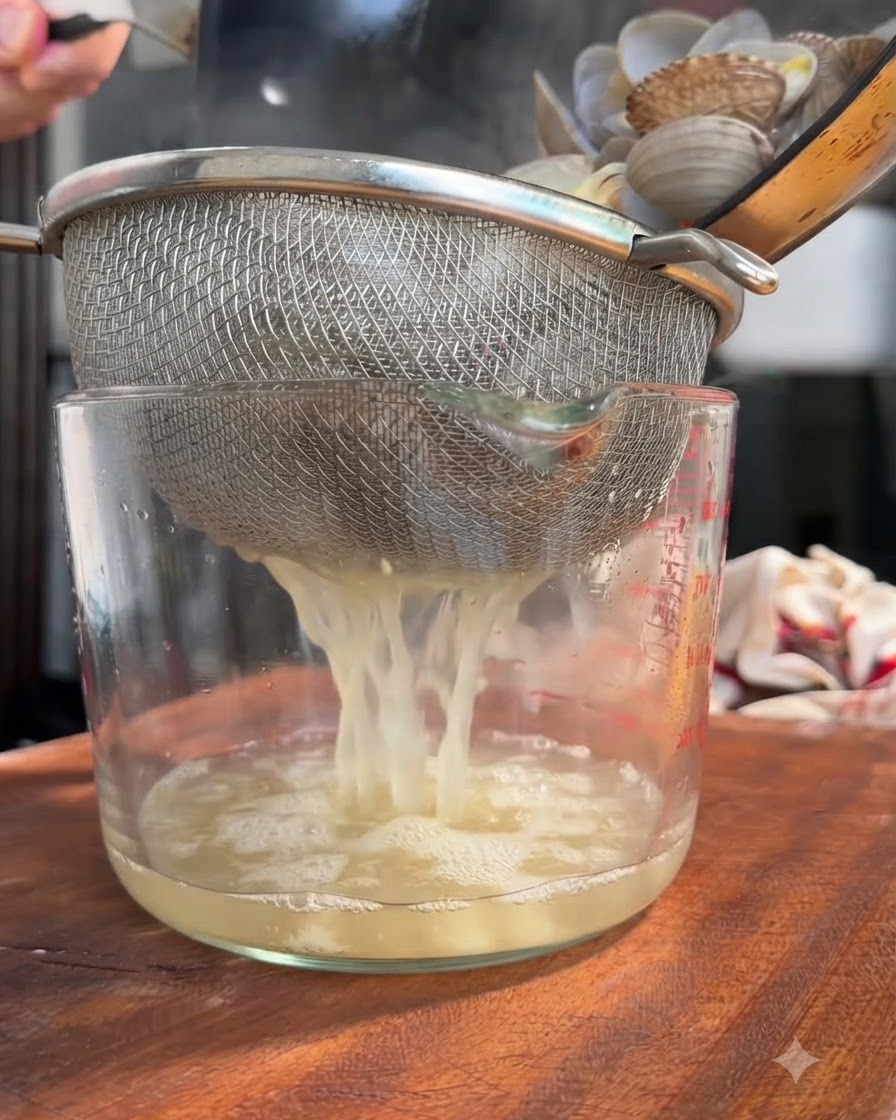 Liquido di vongole filtrato attraverso un setaccio di metallo in un misurino.
