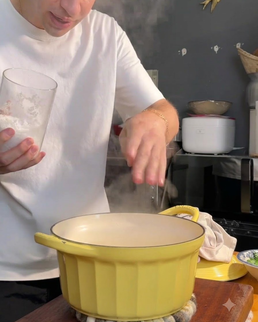 Una persona che aggiunge sale in una pentola gialla di acqua bollente accanto alla pasta.