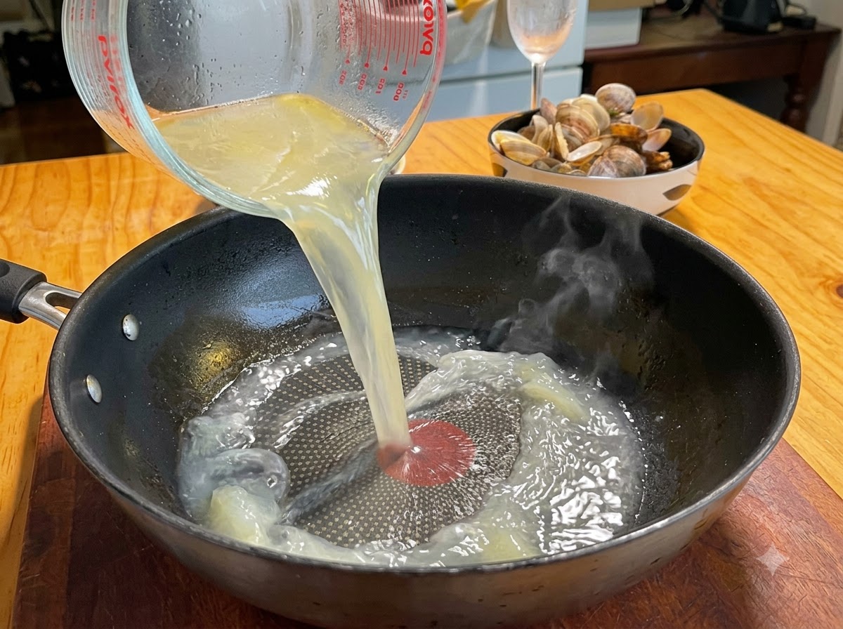Brodo di vongole limpido versato da un misurino di vetro in una padella nera.
