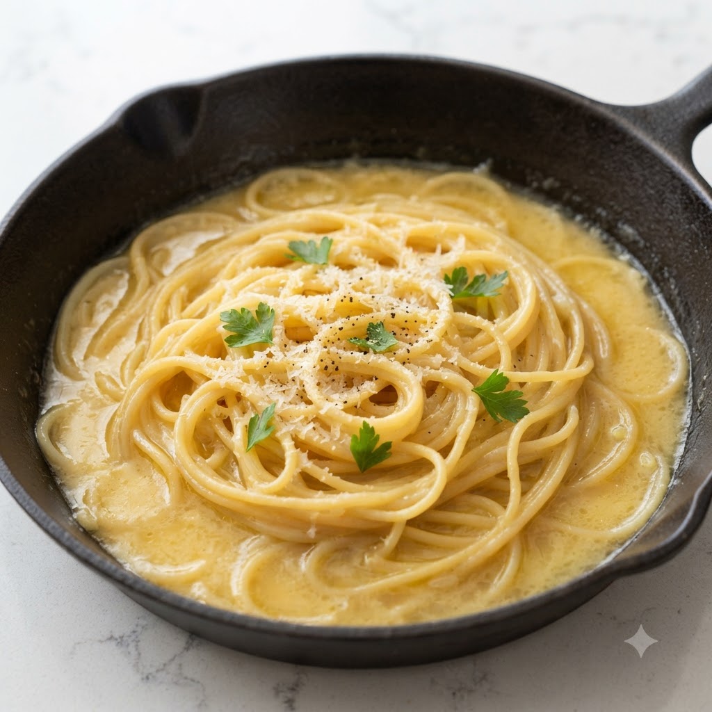 Spaghetti che sobbollono in una padella di ghisa, rivestiti di unemulsione dorata di brodo di vongole e guarniti con prezzemolo.
