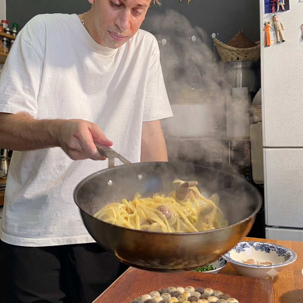 Un cuoco che tiene il manico di una padella mentre salta spaghetti e vongole tra il vapore in cucina.