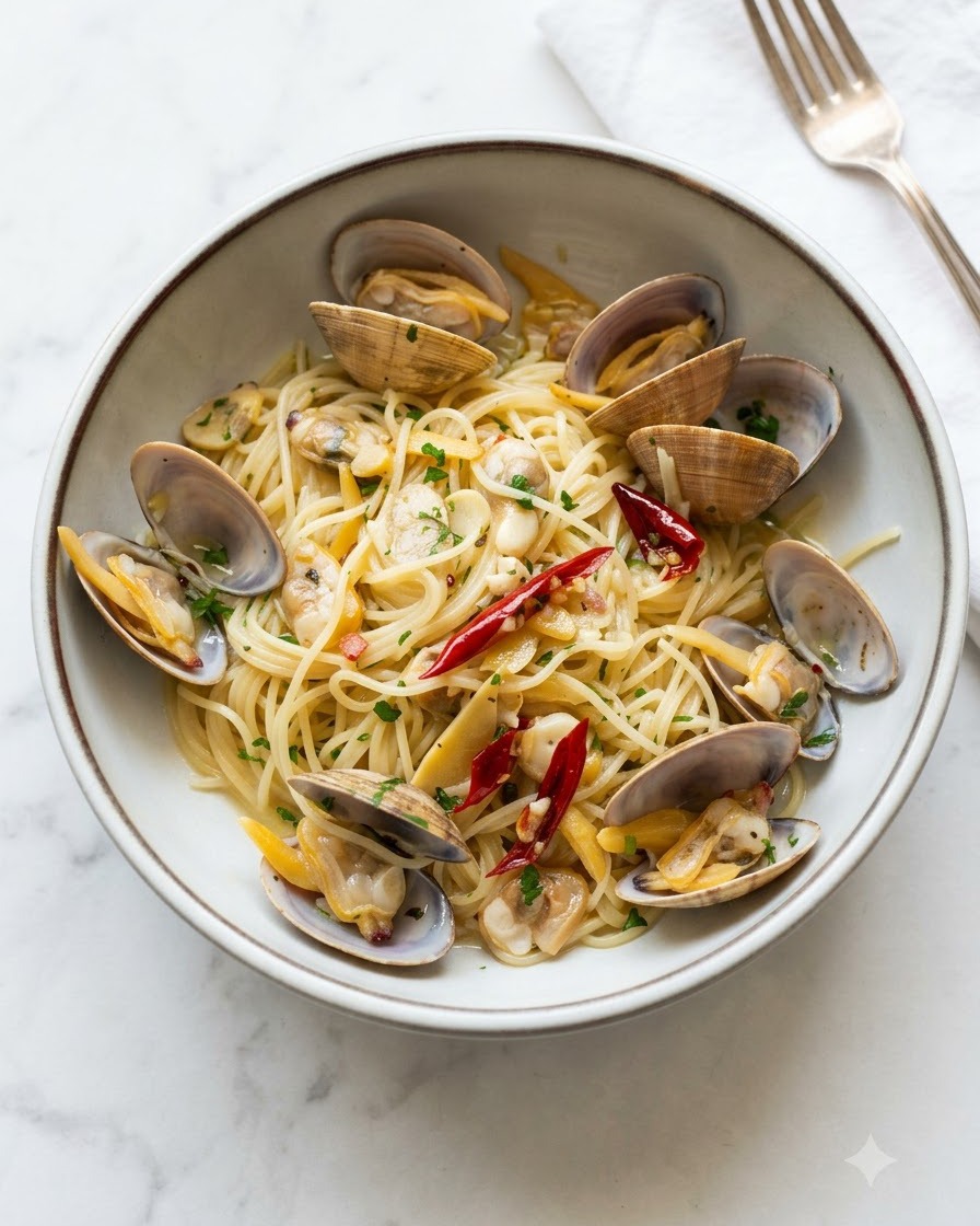 Scaglie di prezzemolo secco scosse da un barattolo di spezie sopra una ciotola di vongole cotte e pasta.