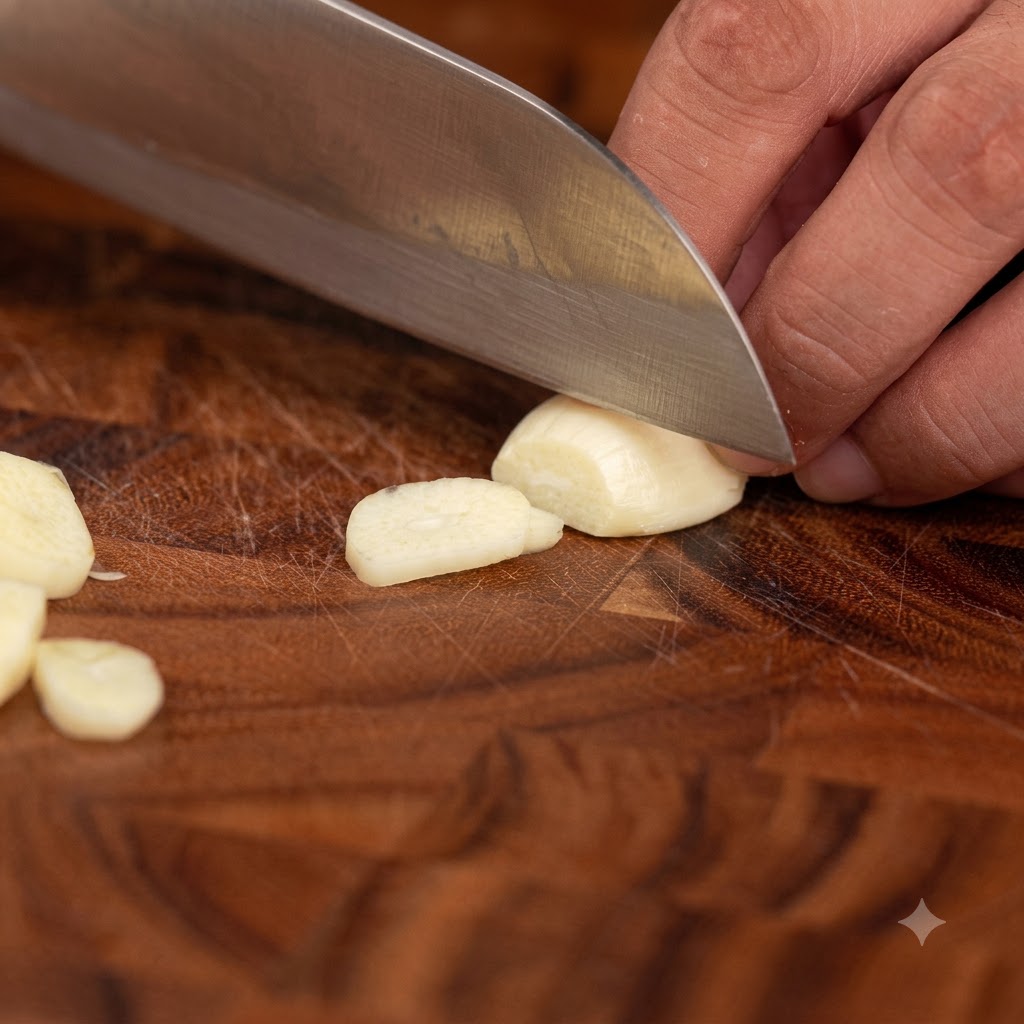 Spicchi daglio affettati uniformemente su un tagliere di legno con un coltello da cucina affilato.