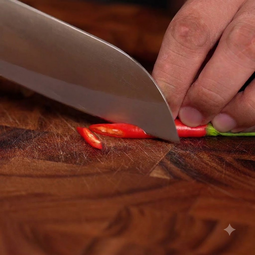 Un peperoncino rosso tagliato a rondelle sottili su un tagliere di legno.