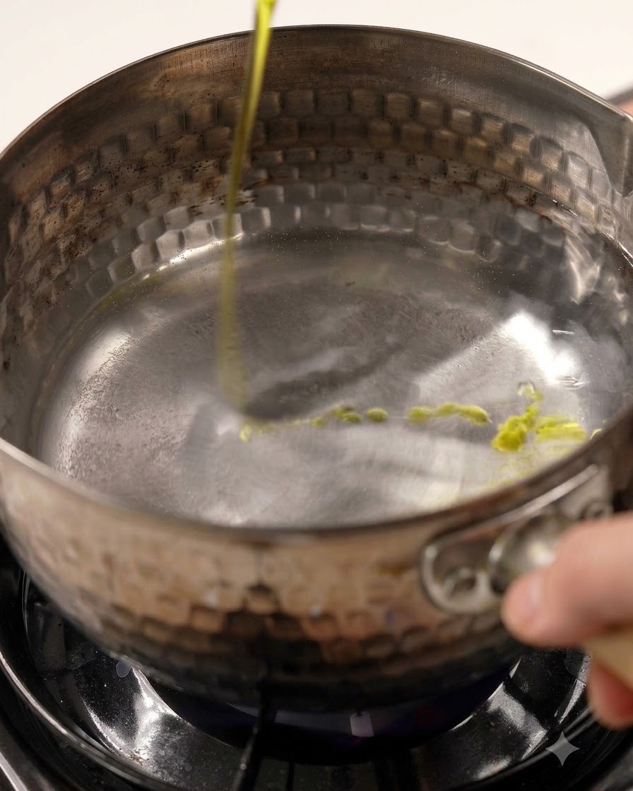 Olio doliva versato dallalto in una pentola piena dacqua bollente.