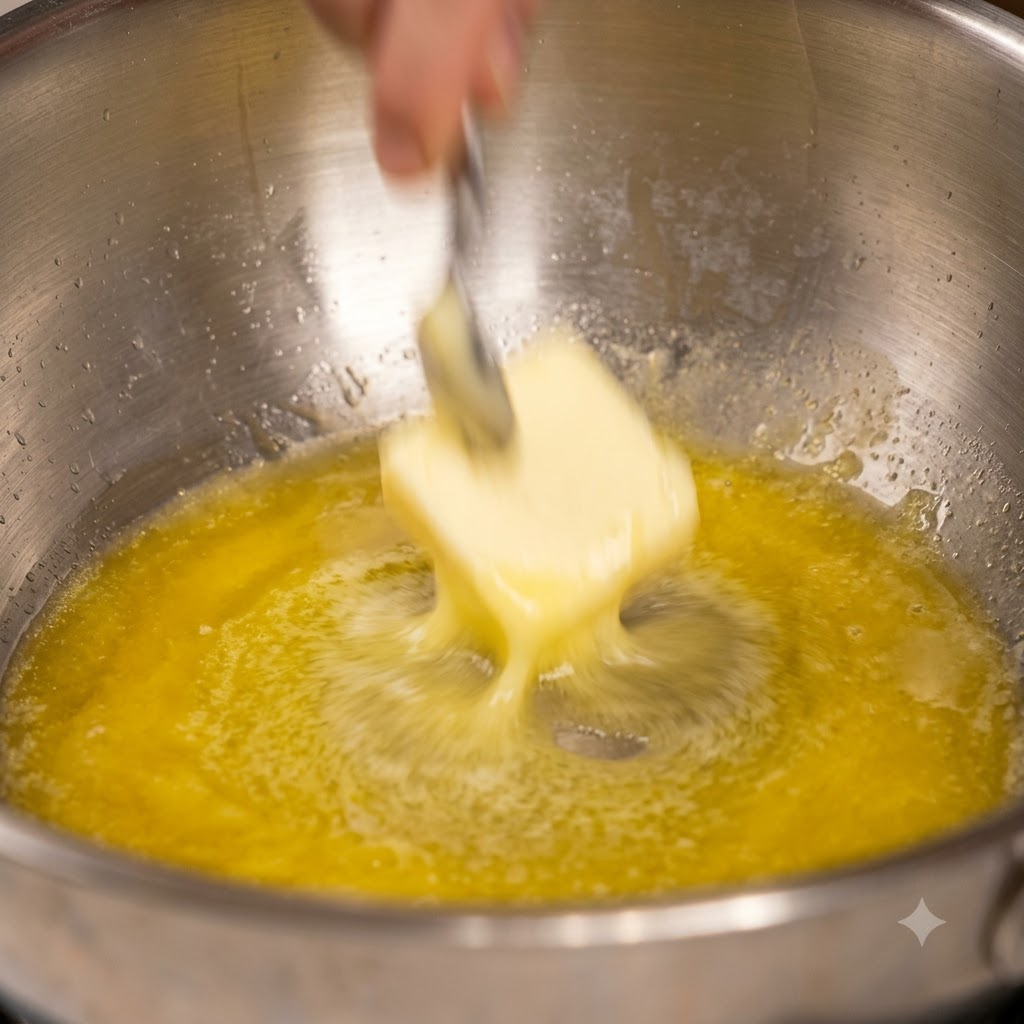 Aglio affettato saltato nel burro fuso allinterno di una padella con lausilio di pinze da cucina.