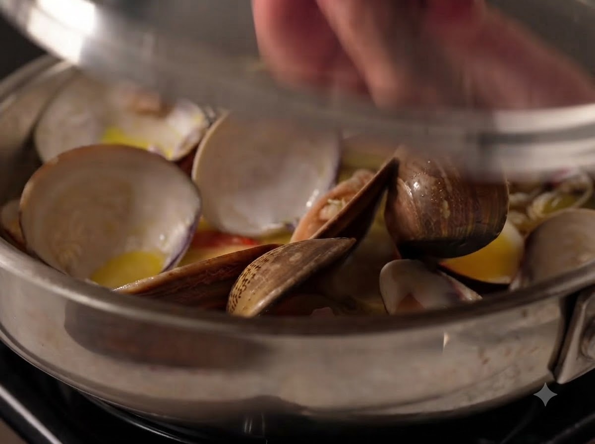 Una padella di metallo coperta da un coperchio mentre le vongole cuociono a vapore e si aprono allinterno.