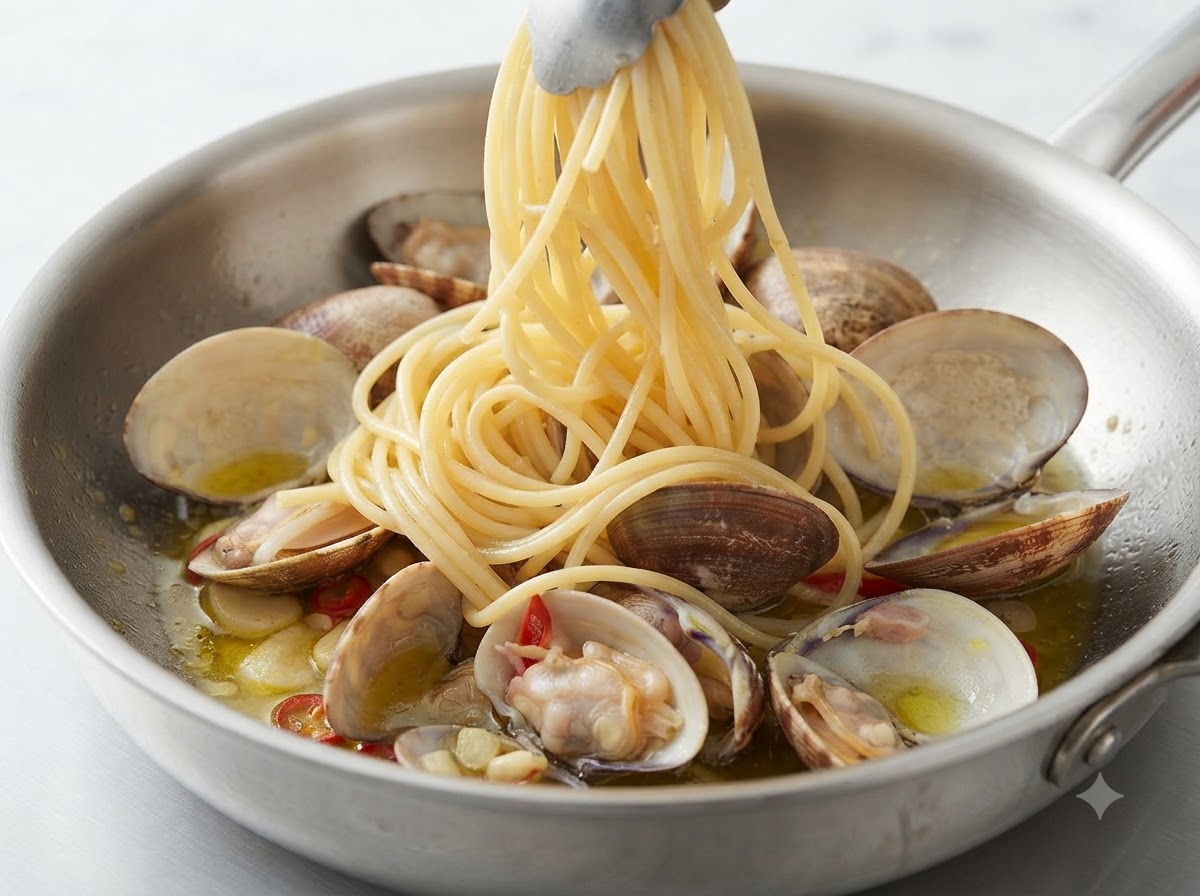 Un mucchietto di spaghetti cotti sollevati con le pinze e trasferiti in una padella con le vongole.