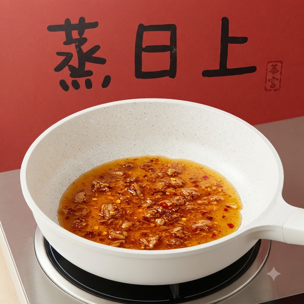 Una padella con salsa liquida e bustine di condimento su un fornello con sfondo rosso.