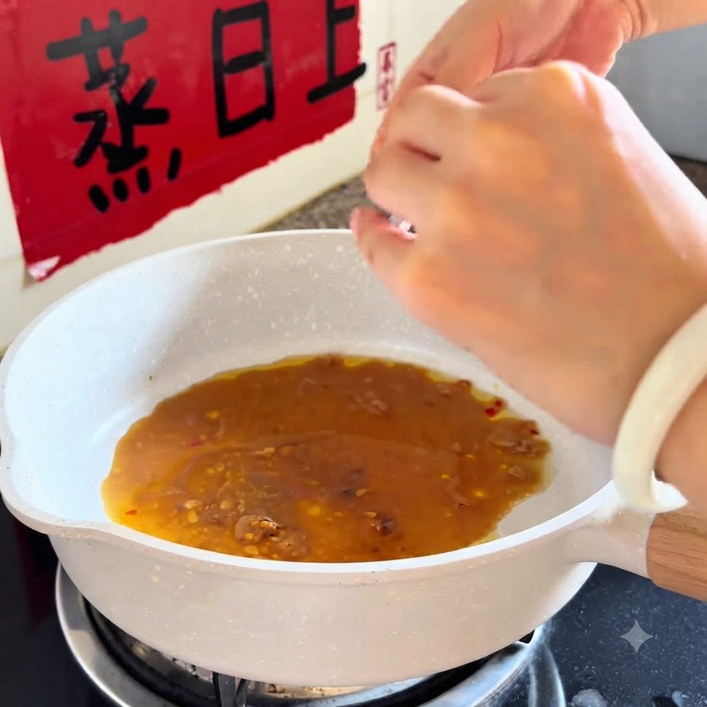 Mani che spremono una bustina di salsa in una padella bianca piena di liquido condito.
