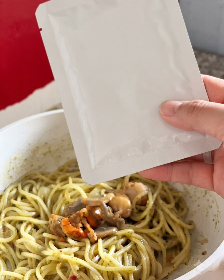 Una mano che tiene una bustina bianca sopra una padella, versando il contorno di vongole e verdure su una pasta al pesto verde.