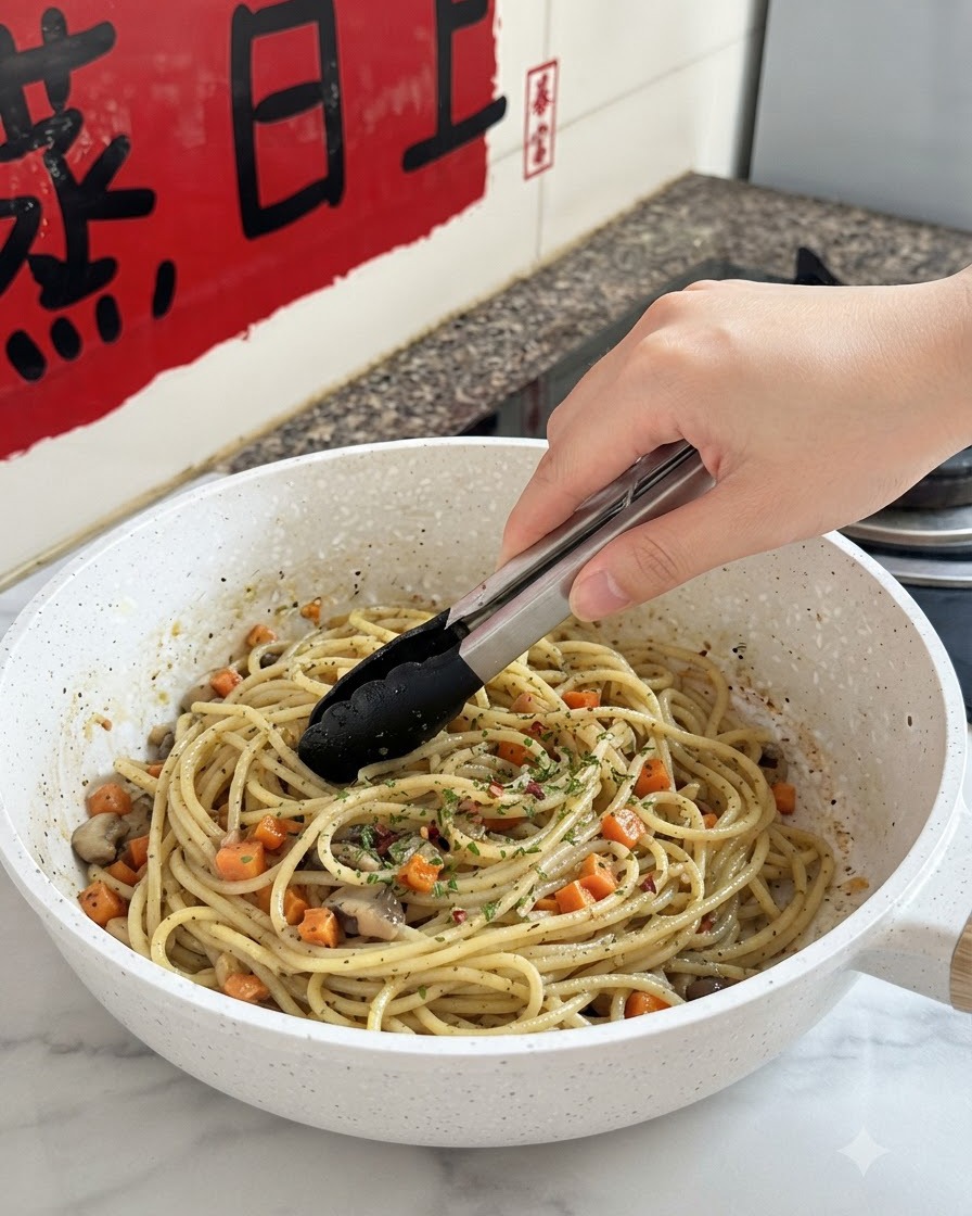Pinze che uniscono pasta, carote a dadini, funghi ed erbette in una padella bianca.