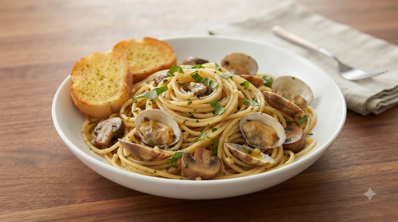 Un piatto di spaghetti con vongole, funghi e pomodori servito con pane tostato
