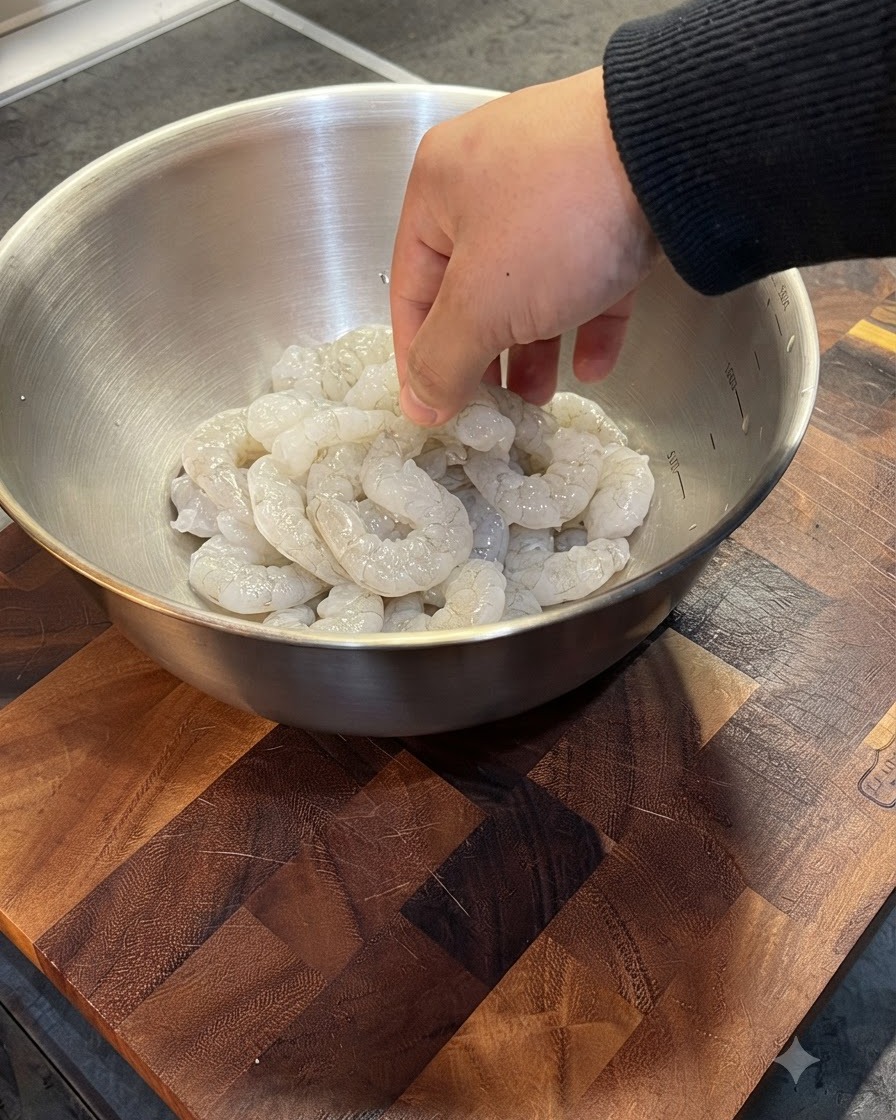 Gamberi surgelati dentro una ciotola di metallo sommersi in acqua tiepida.