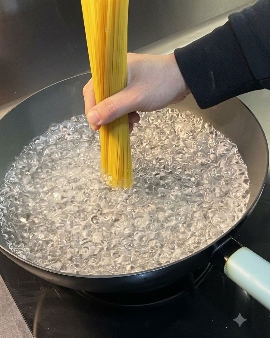 Un fascio di spaghetti crudi immersi in una pentola di acqua bollente.