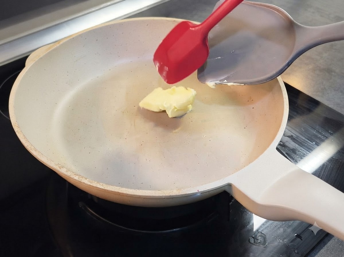 Una spatola che mescola un pezzo di burro che si scioglie in una padella bianca.