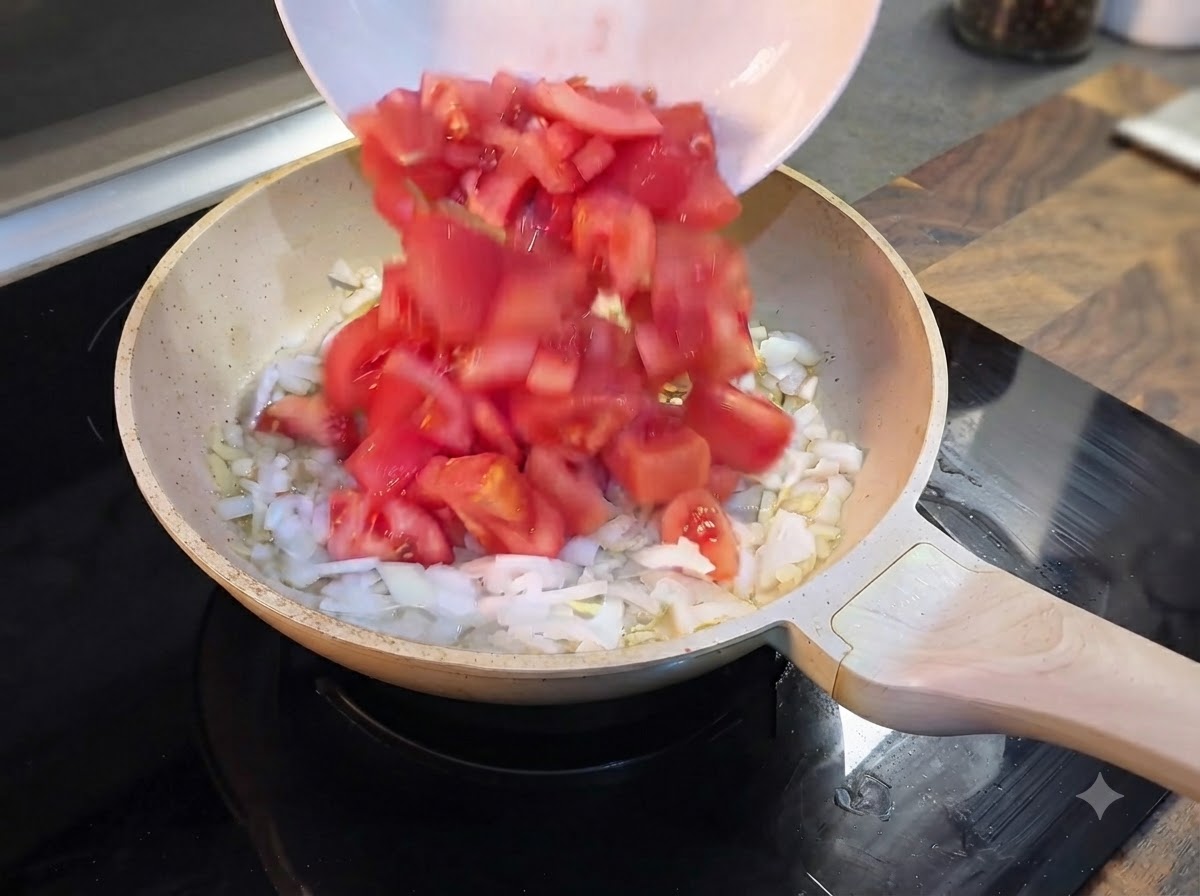 Pomodori rossi freschi tritati versati da una ciotola bianca nella padella con le cipolle.