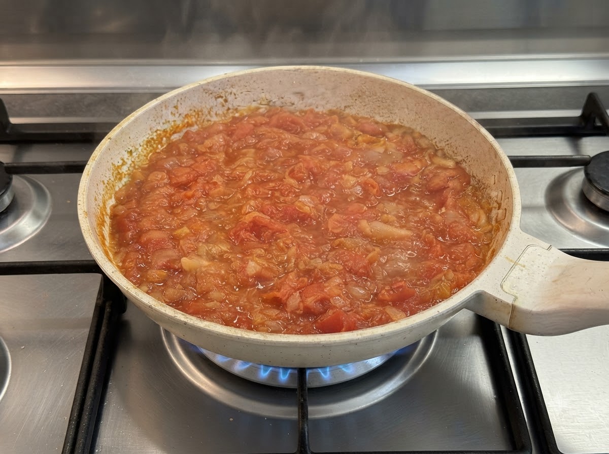 Salsa di pomodoro che sobbolle in padella mentre il formaggio cremoso si fonde allinterno.