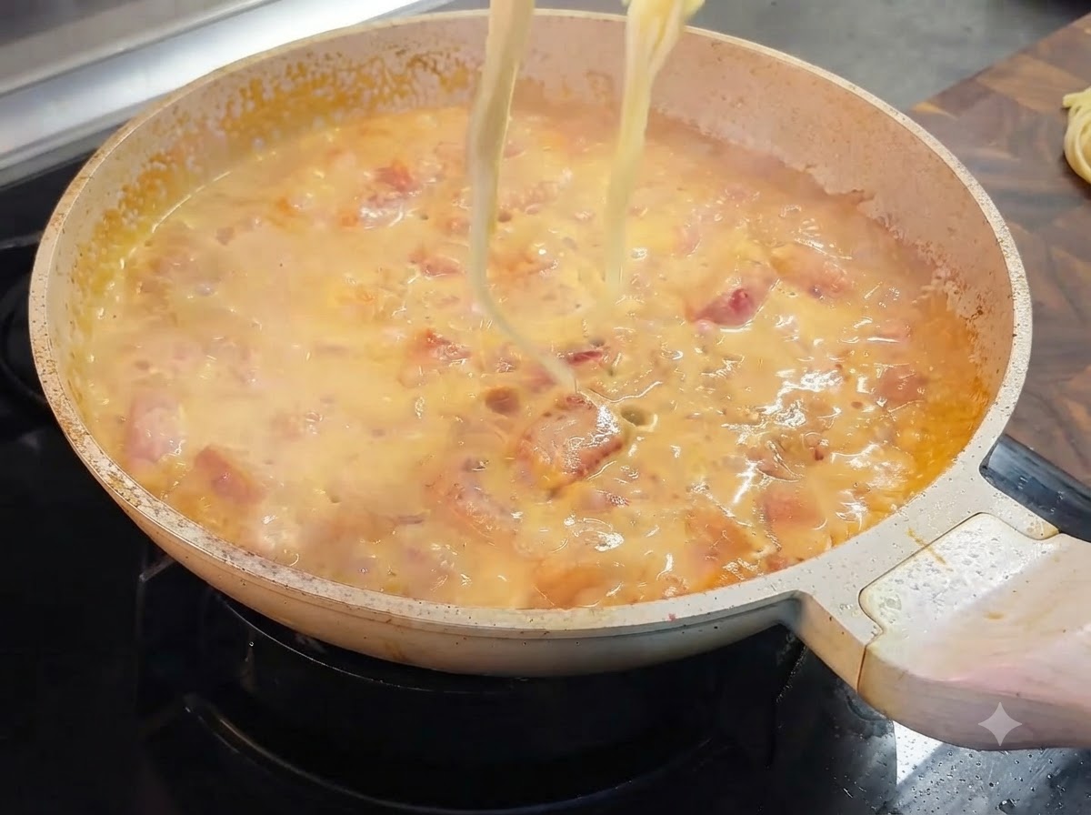 Fili di pasta cotta sollevati con le pinze e posti nella padella con la salsa di pomodoro cremosa.