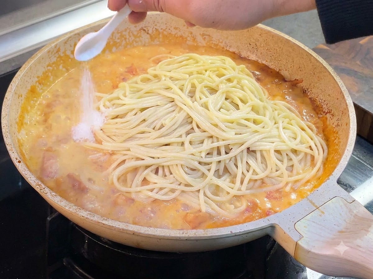 Un cucchiaio di sale spruzzato sugli spaghetti cotti immersi in una salsa di pomodoro cremosa dentro una padella.