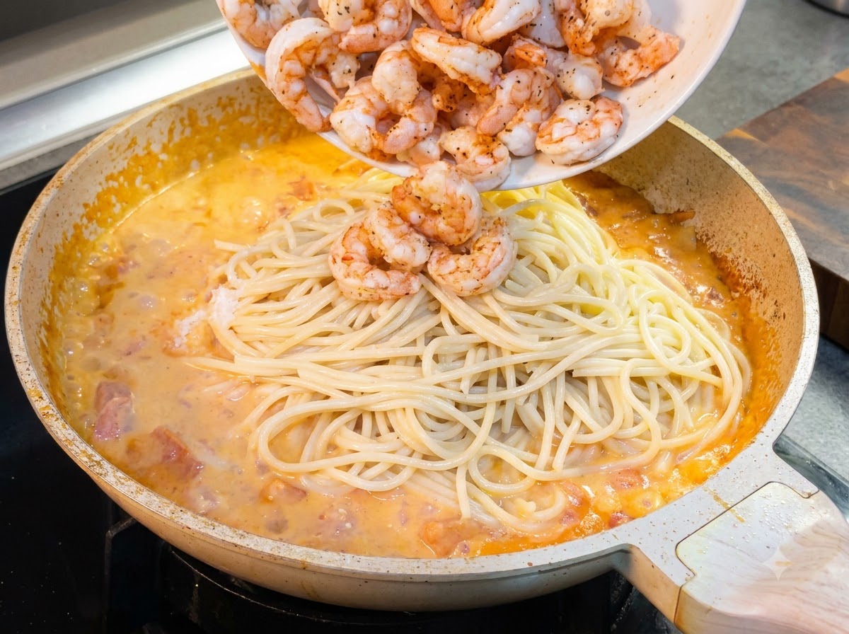 Gamberi fritti versati da un piatto bianco in una padella piena di spaghetti e salsa cremosa.