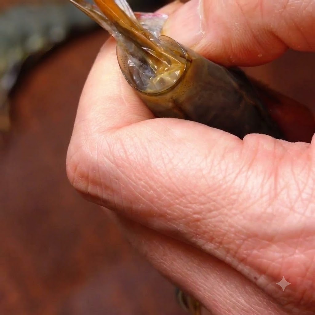 Primo piano di mani che pelano e puliscono un gambero tigre nero crudo su una superficie di legno scuro.