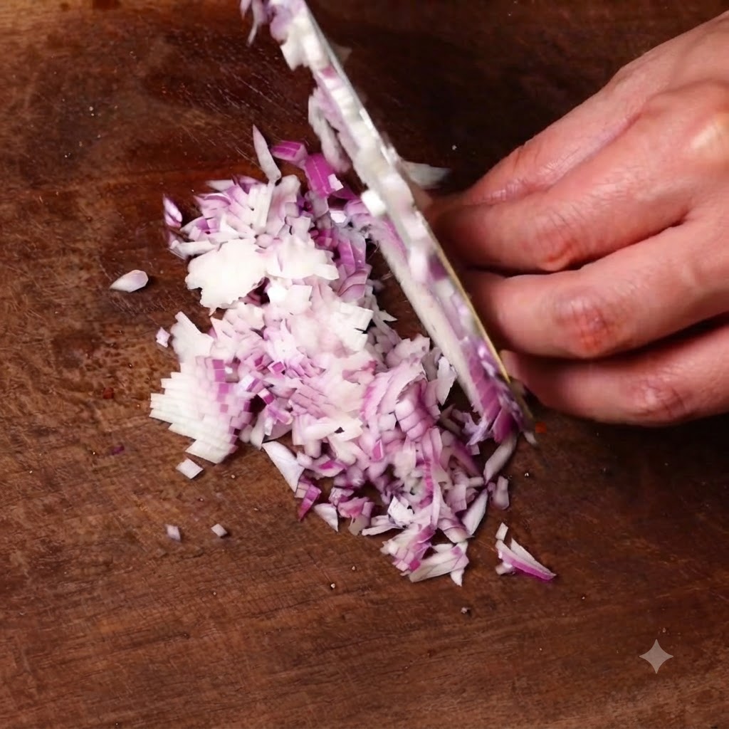 Una mano che usa un coltello da chef per tritare finemente una cipolla rossa su un tagliere di legno.