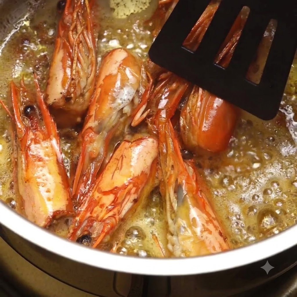 Teste di gamberi che friggono in olio doliva bollente allinterno di una pentola, schiacciate con una spatola nera.