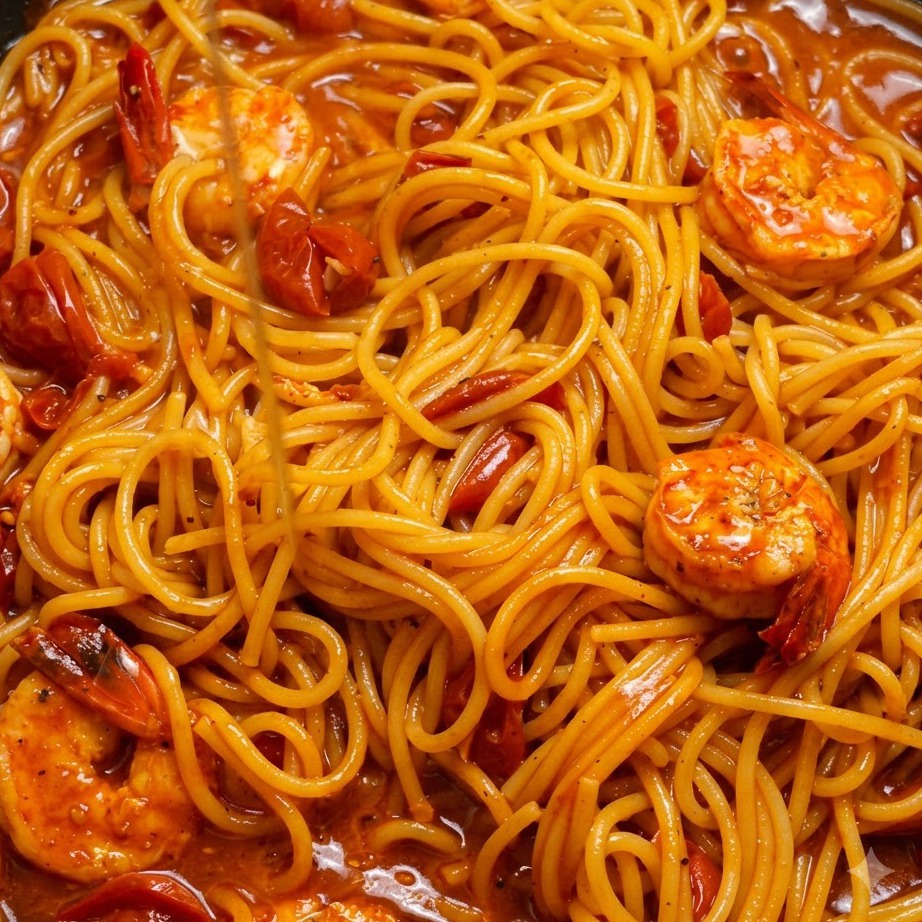Spaghetti e gamberi cotti mescolati insieme in una ricca salsa di pomodoro rossa in una padella.