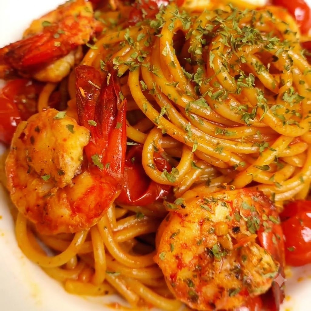 Una vista ravvicinata di spaghetti con gamberi e pomodoro serviti in un piatto e guarniti con prezzemolo verde tritato.