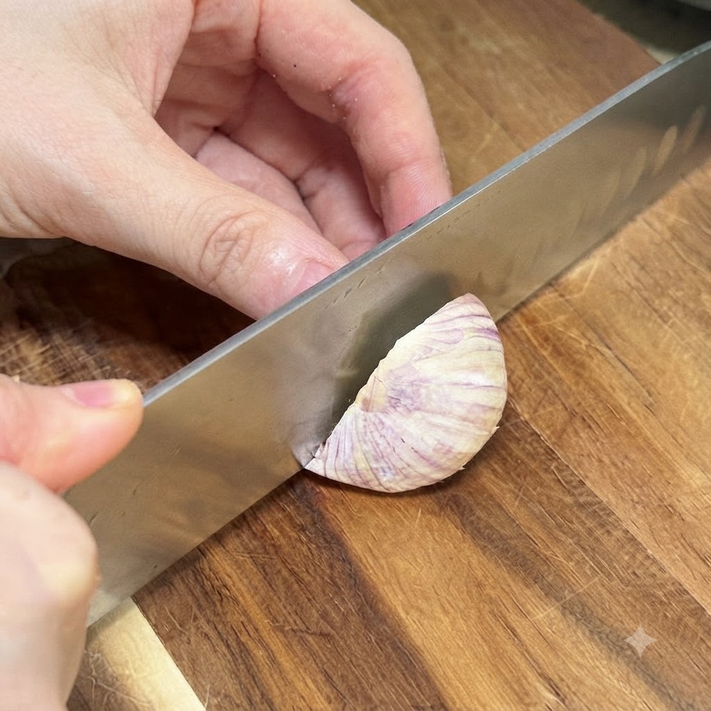 Primo piano di spicchi daglio tritati finemente su un tagliere di legno.