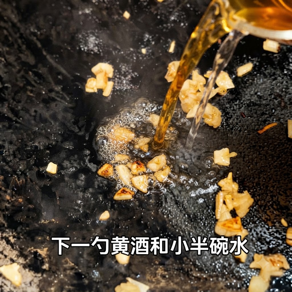 Vino giallo e acqua versati contemporaneamente in una padella calda con laglio soffritto.
