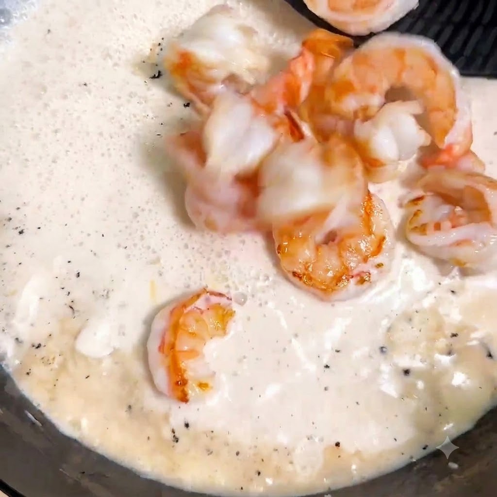 Gamberi cotti e spaghetti saltati nella crema che sobbolle in padella.