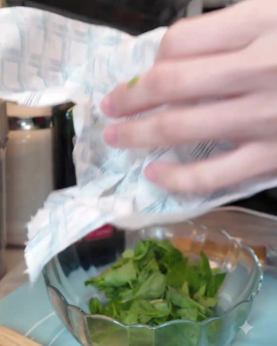 Una persona che usa carta da cucina per tamponare delicatamente le foglie di basilico in una ciotola di vetro.