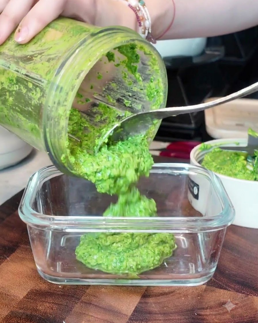 Pesto di basilico verde brillante prelevato da un frullatore e trasferito in un contenitore di vetro usando un cucchiaio.