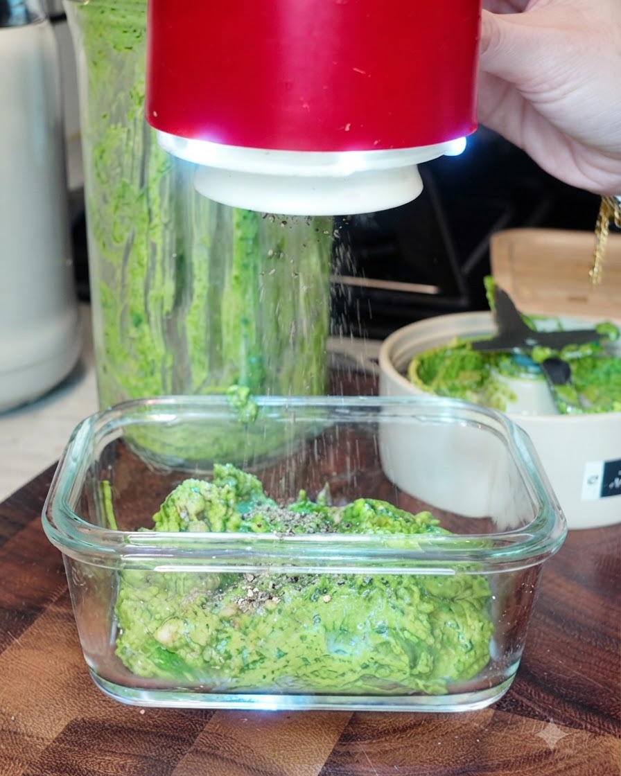 Pepe nero e sale marino sparsi da un dosatore sul pesto di basilico verde in una pirofila di vetro.