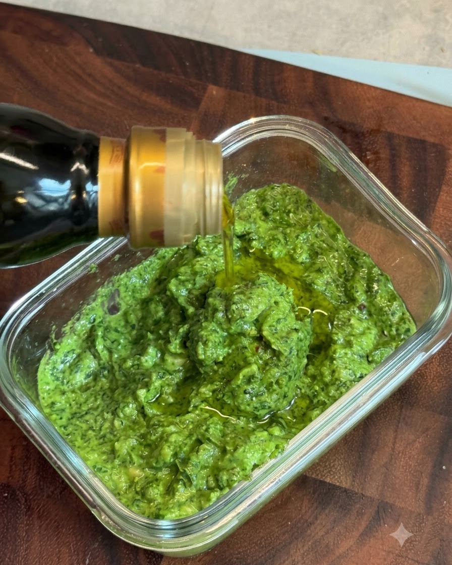 Olio doliva versato da una bottiglia per formare uno strato protettivo sul pesto di basilico.
