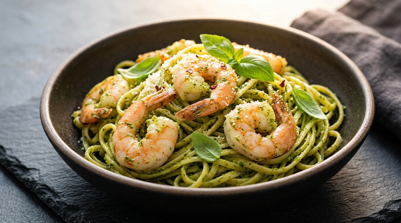 Pasta con Pesto di Basilico Fresco e Gamberi