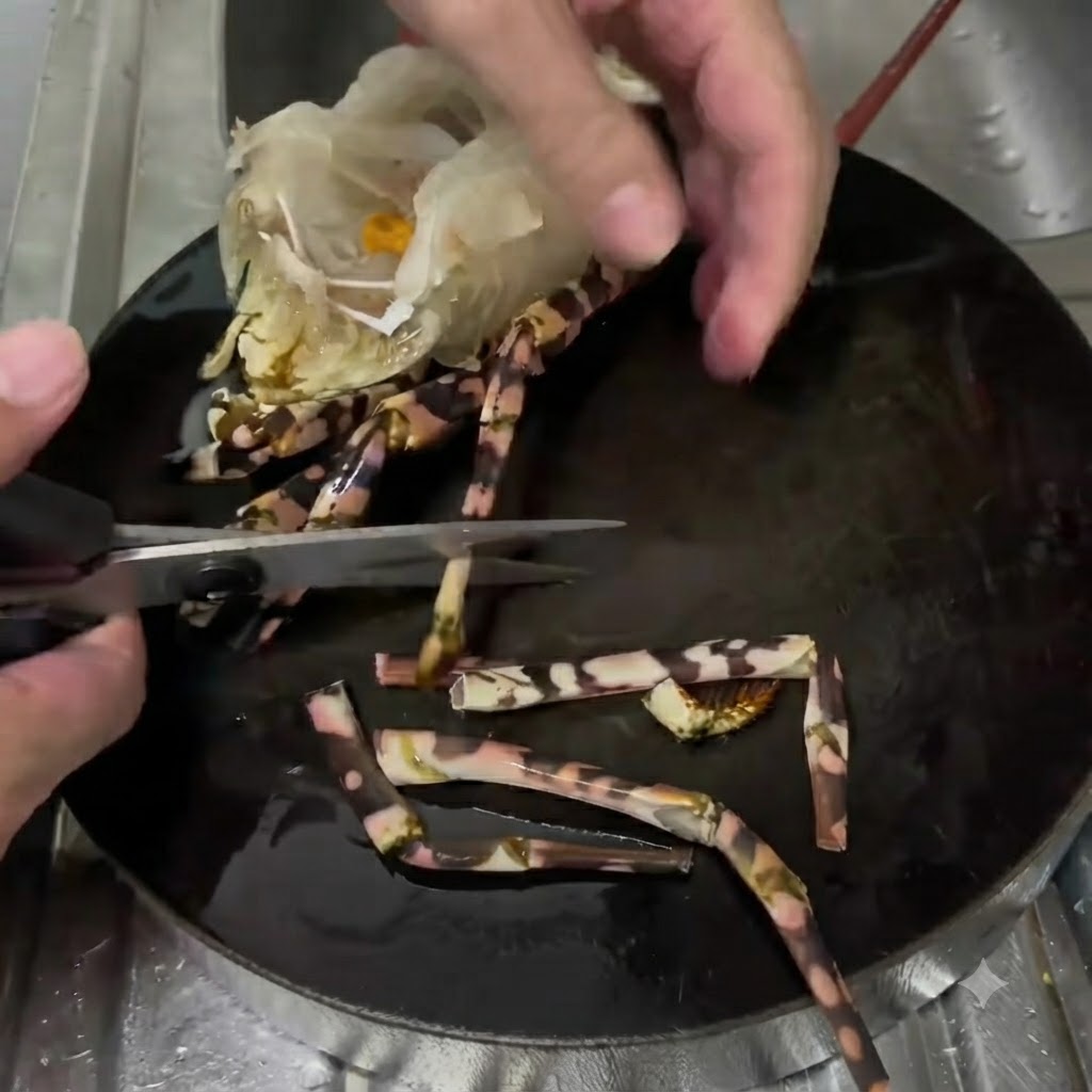 Forbici da cucina che tagliano le zampe piccole da una porzione di testa di aragosta cruda appoggiata su un piatto scuro.