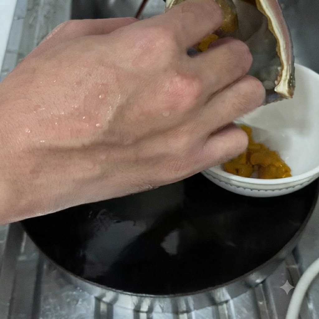 Mani che raccolgono la pasta di aragosta gialla dalla cavità della testa di unaragosta in una piccola ciotola bianca.