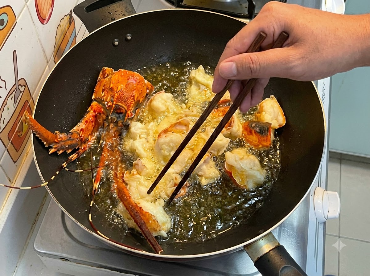 Pezzi di aragosta ricoperti e guscio che friggono in olio caldo e bollente dentro un wok.